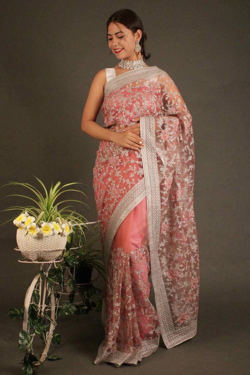 Pink Peach Floral Zari Thread Saree